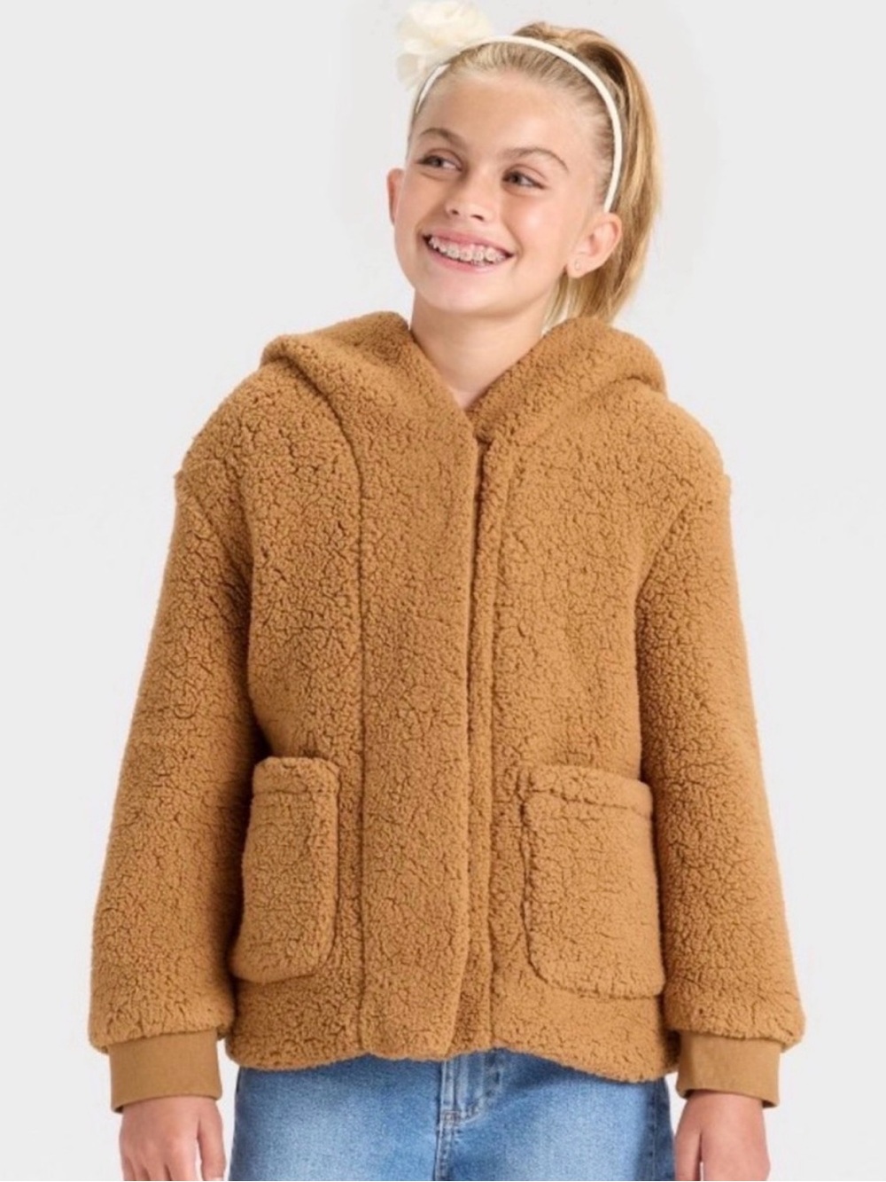 Cat & Jack Cozy Girls' Hooded Teddy Jacket - Camel